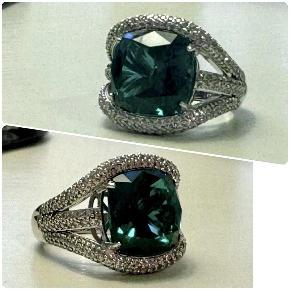 Large Emerald Cushion Cut Ring Set in 925 Sterling Silver